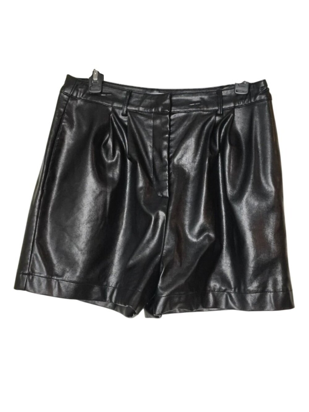 Moodie Womens L Black Faux Leather Shorts Pleated Pockets Edgy Rocker Streetwear - Picture 1 of 8